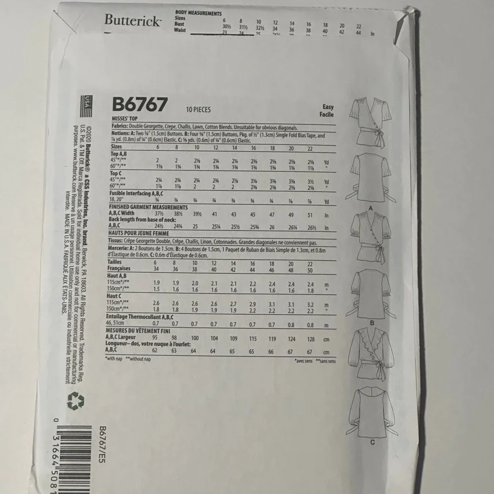 Butterick‎ B6767 Sewing Pattern Misses Top E5 14-22 White Uncut Factory Folded